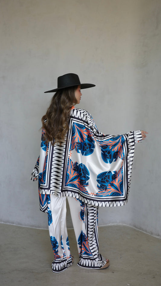 חליפת מכנס קימונו טוקיו | שמנת/טורקיז