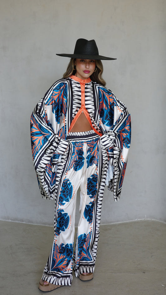 חליפת מכנס קימונו טוקיו | שמנת/טורקיז