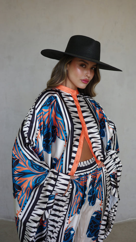 חליפת מכנס קימונו טוקיו | שמנת/טורקיז