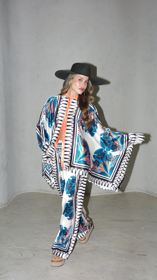 חליפת מכנס קימונו טוקיו | שמנת/טורקיז