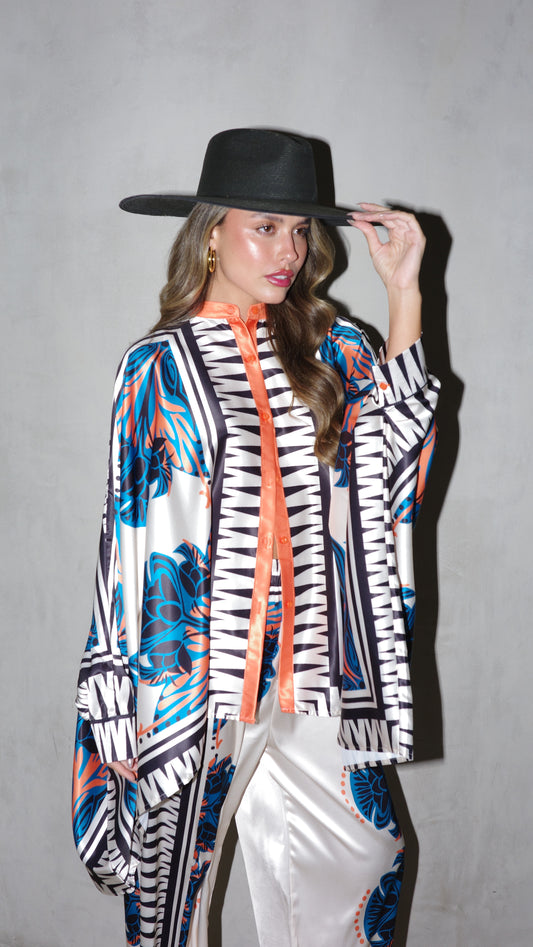 חליפת מכנס קימונו טוקיו | שמנת/טורקיז