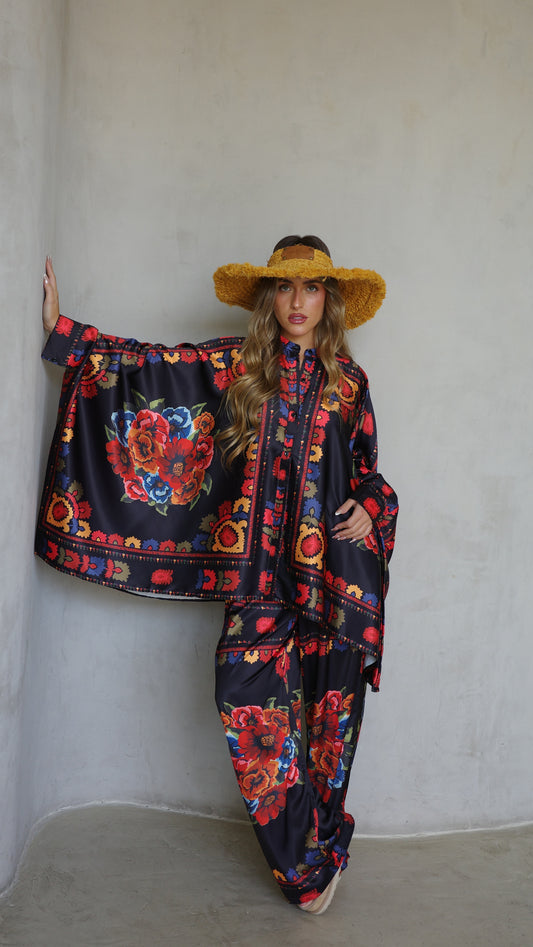 חליפת מכנס קימונו קיוטו| שחור/אדום