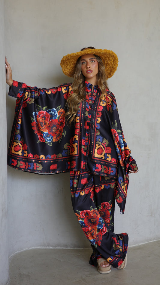 חליפת מכנס קימונו קיוטו| שחור/אדום