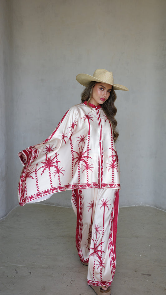 חליפת מכנס קימונו פוגי| שמנת/אדום