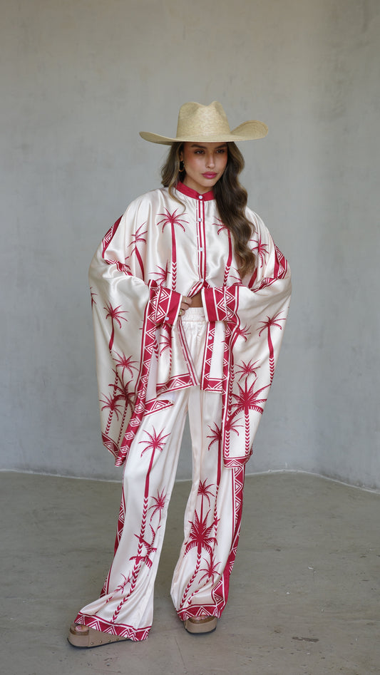 חליפת מכנס קימונו פוגי| שמנת/אדום