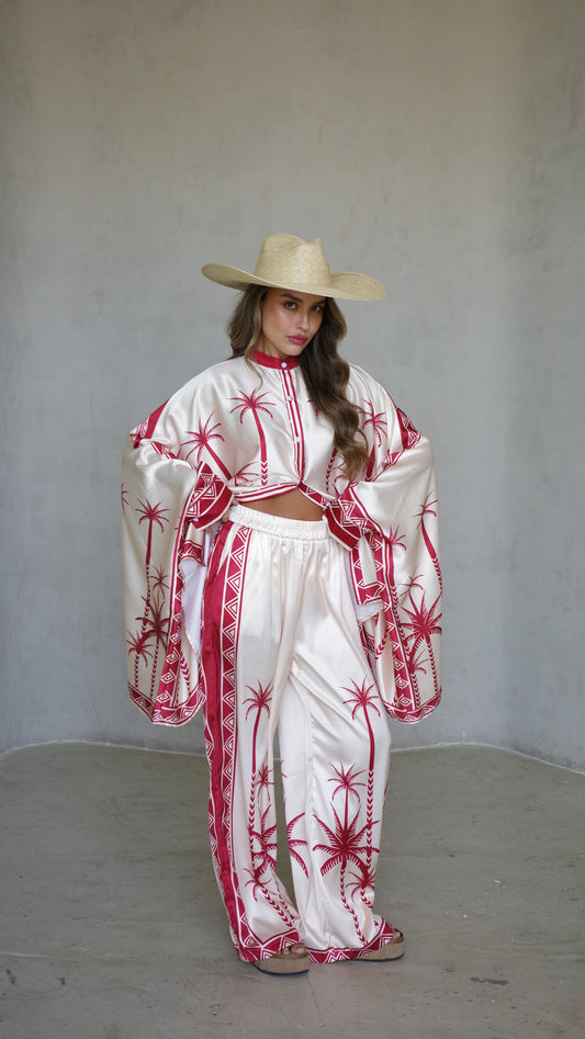 חליפת מכנס קימונו פוגי| שמנת/אדום