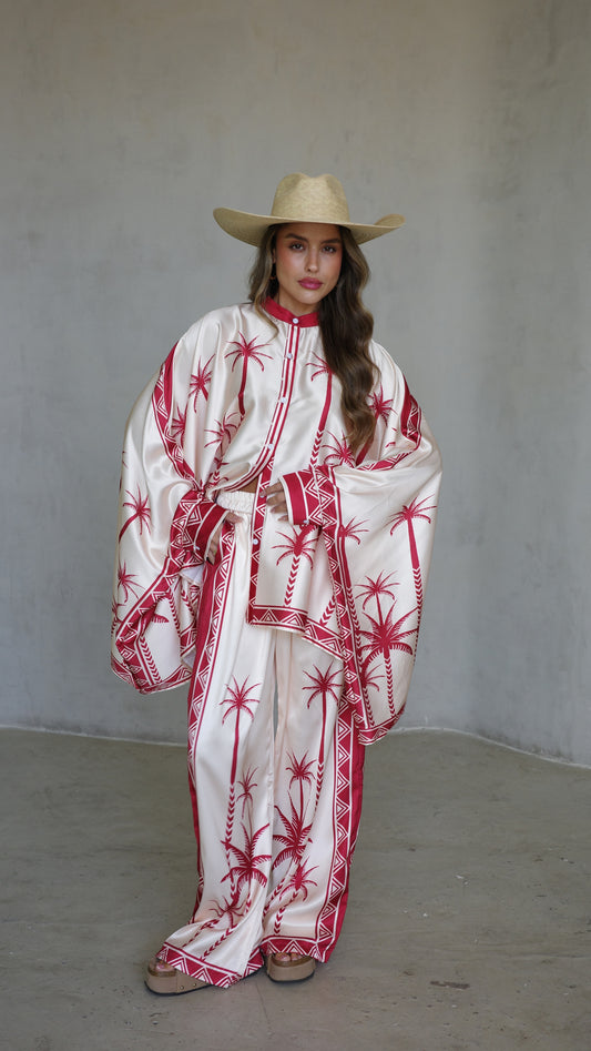 חליפת מכנס קימונו פוגי| שמנת/אדום