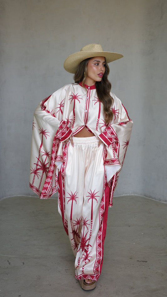 חליפת מכנס קימונו פוגי| שמנת/אדום