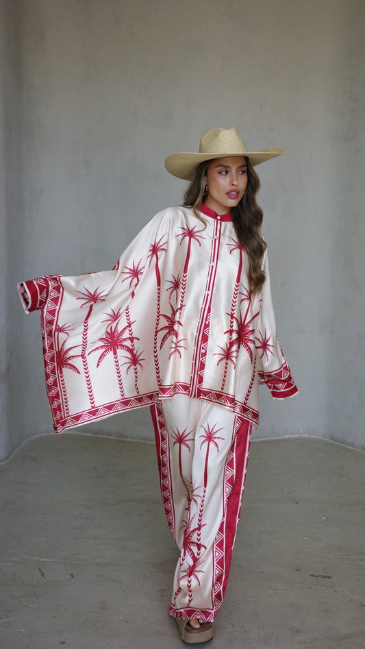 חליפת מכנס קימונו פוגי| שמנת/אדום