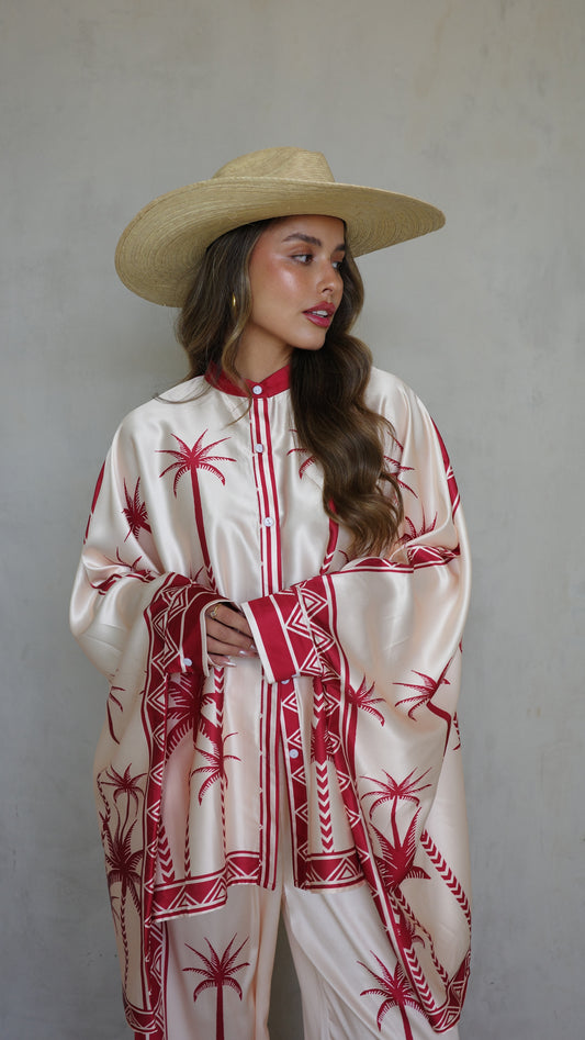 חליפת מכנס קימונו פוגי| שמנת/אדום
