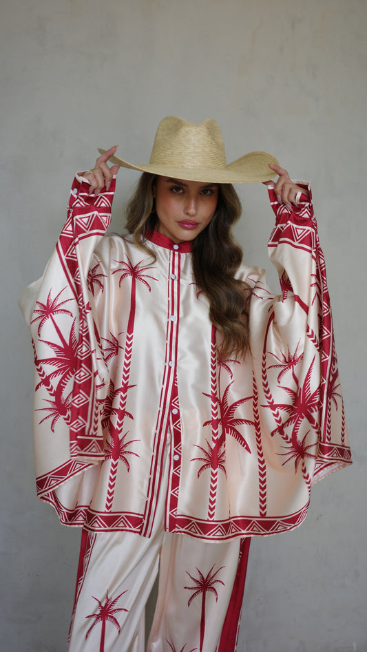 חליפת מכנס קימונו פוגי| שמנת/אדום