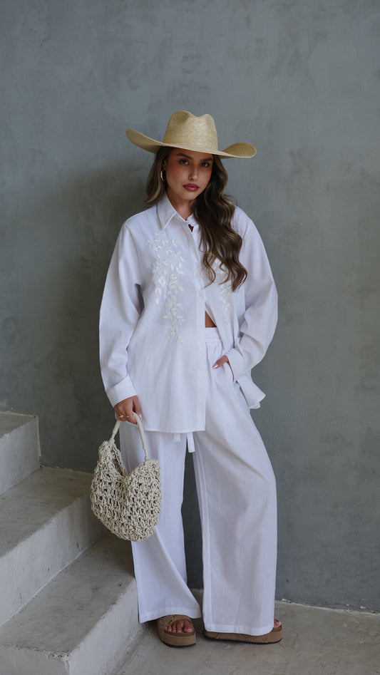 חליפת מכנס משולבת רקמה וחרוזים | לבן