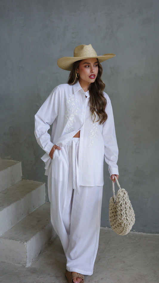 חליפת מכנס משולבת רקמה וחרוזים | לבן