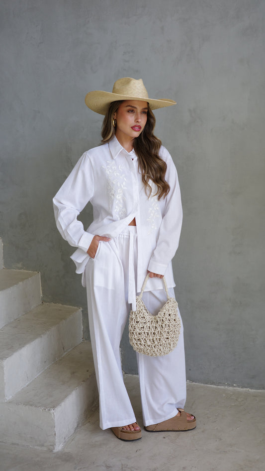 חליפת מכנס משולבת רקמה וחרוזים | לבן