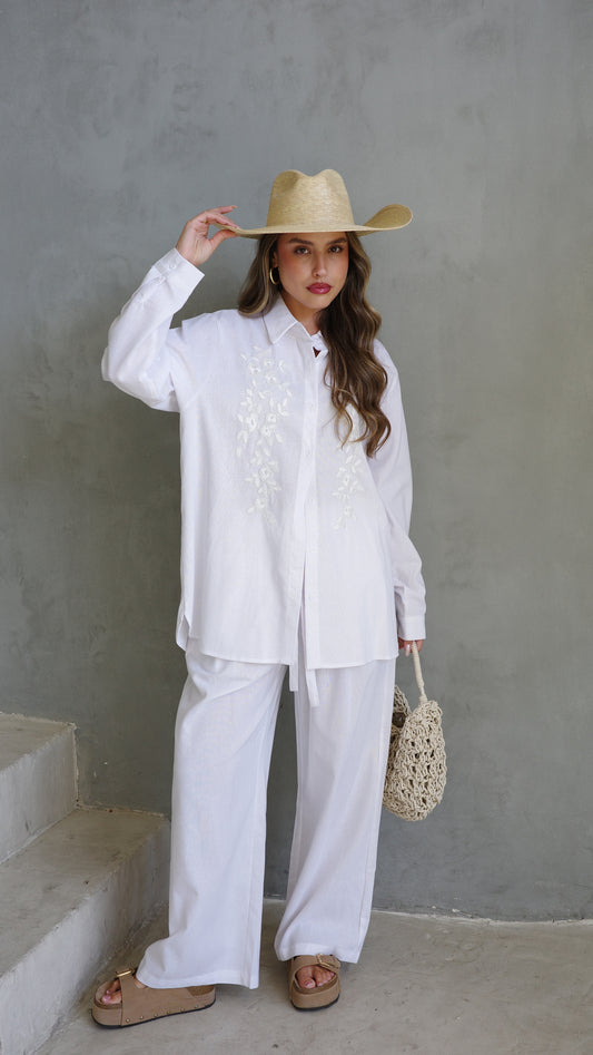 חליפת מכנס משולבת רקמה וחרוזים | לבן