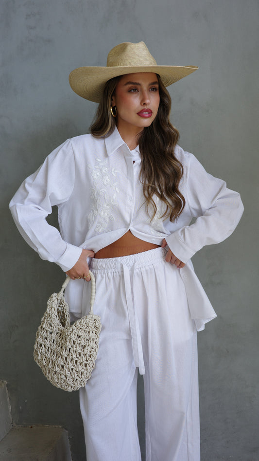 חליפת מכנס משולבת רקמה וחרוזים | לבן