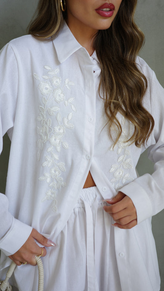 חליפת מכנס משולבת רקמה וחרוזים | לבן