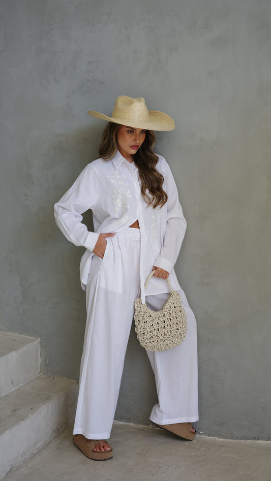 חליפת מכנס משולבת רקמה וחרוזים | לבן