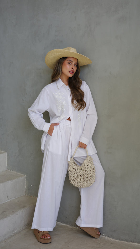 חליפת מכנס משולבת רקמה וחרוזים | לבן