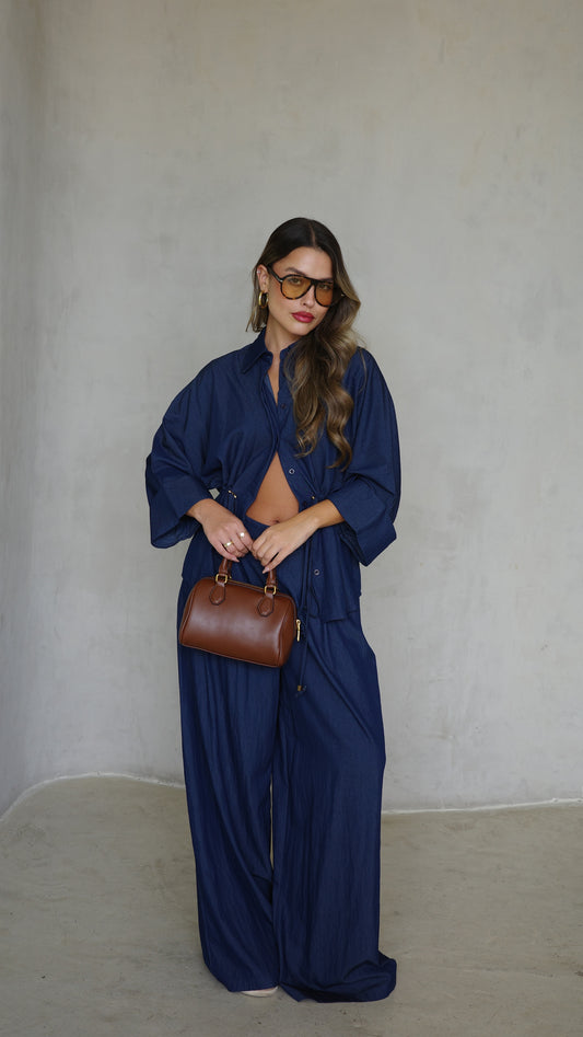 חליפת מכנס גומי כיווץ מקארתי חום| כחול