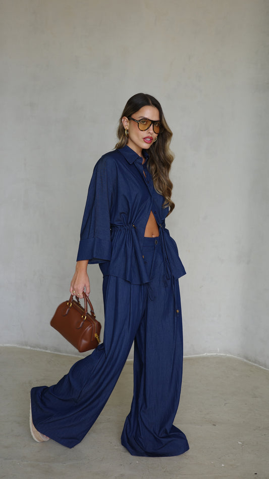 חליפת מכנס גומי כיווץ מקארתי חום| כחול