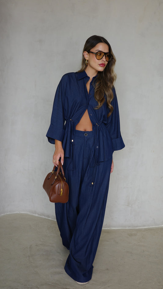 חליפת מכנס גומי כיווץ מקארתי חום| כחול