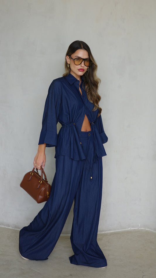 חליפת מכנס גומי כיווץ מקארתי חום| כחול