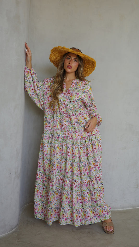 שמלת גלביה קומות סתיו | ורוד/ירוק