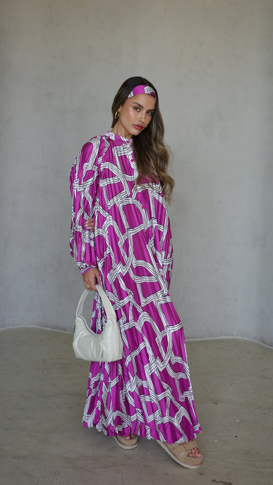 שמלת מקסי פליסה מילאנו | פוקסיה/לבן