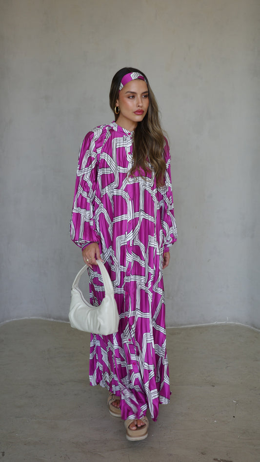 שמלת מקסי פליסה מילאנו | פוקסיה/לבן