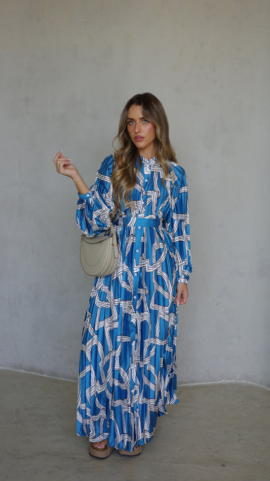 שמלת מקסי פליסה מילאנו | טורקיז/לבן