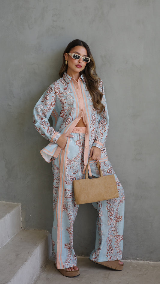 חליפת מכנס לטיסיה | תכלת/אפרסק