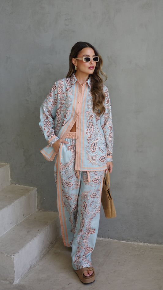 חליפת מכנס לטיסיה | תכלת/אפרסק