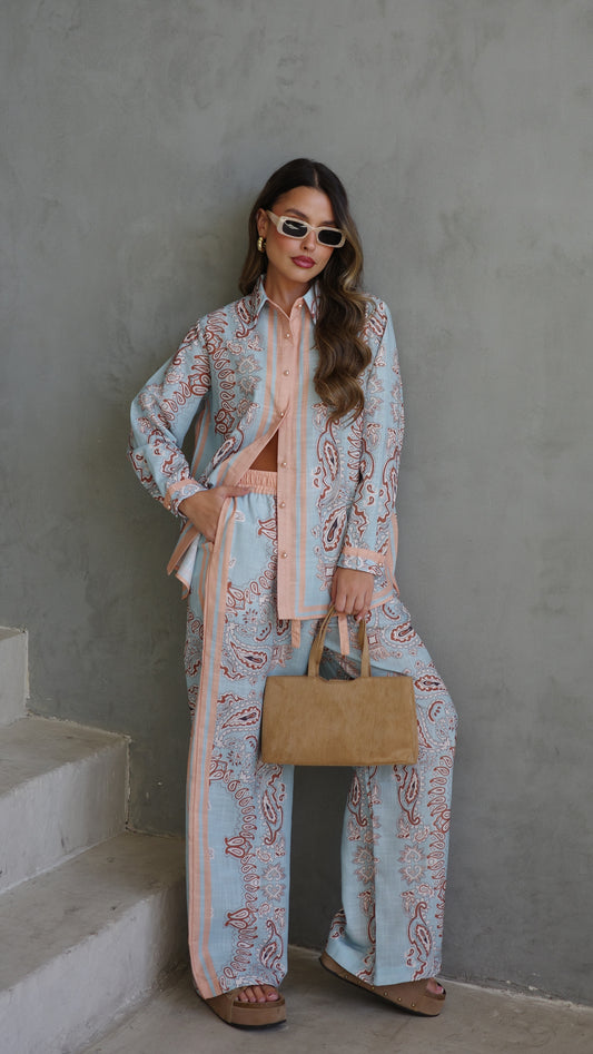 חליפת מכנס לטיסיה | תכלת/אפרסק