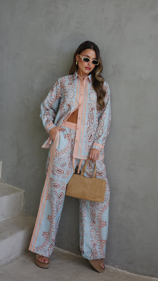 חליפת מכנס לטיסיה | תכלת/אפרסק