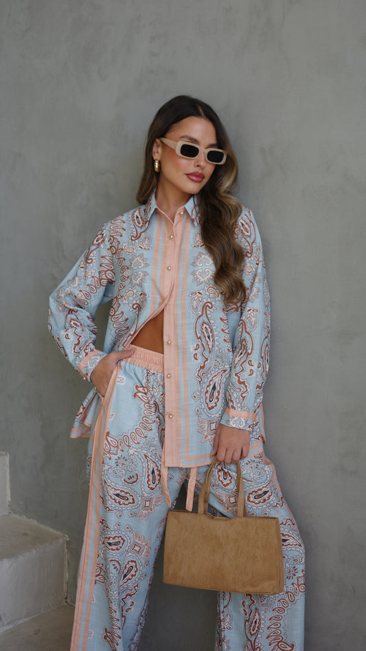 חליפת מכנס לטיסיה | תכלת/אפרסק