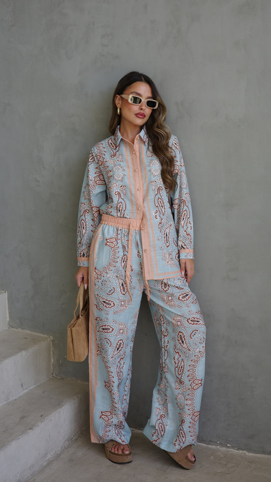 חליפת מכנס לטיסיה | תכלת/אפרסק