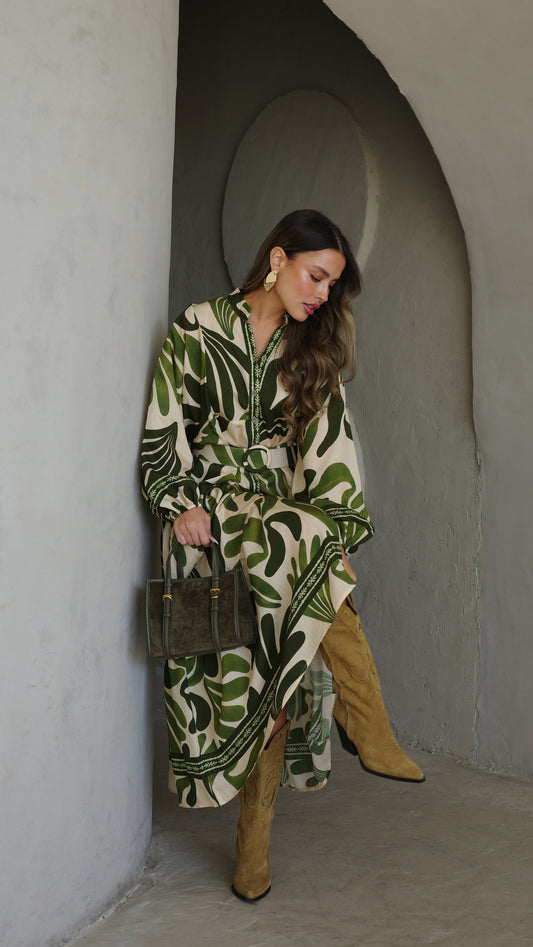 גלביה קומות כפתורים חגורה רוקסנה | שמנת/ירוק