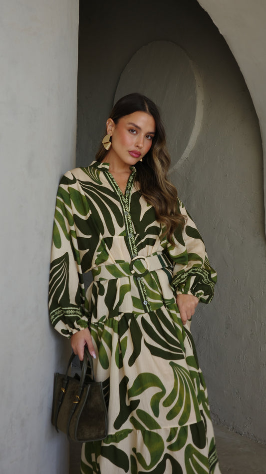 גלביה קומות כפתורים חגורה רוקסנה | שמנת/ירוק