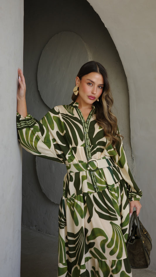 גלביה קומות כפתורים חגורה רוקסנה | שמנת/ירוק