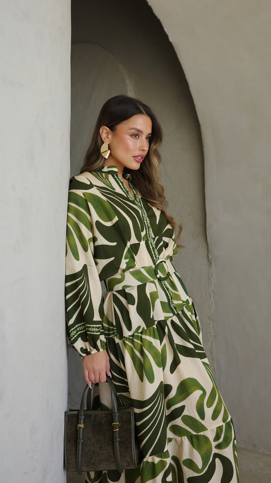 גלביה קומות כפתורים חגורה רוקסנה | שמנת/ירוק