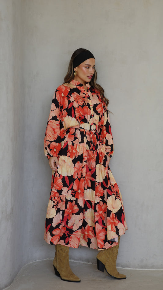 גלביה קומות כפתורים חגורה איילינד | שחור/אדום