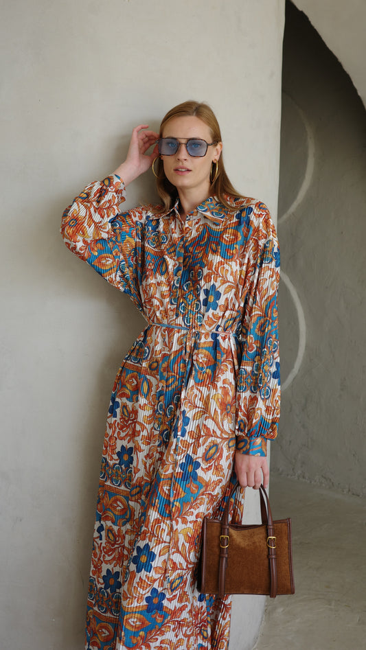 שמלת פליסה כפתורים אבלין | שמנת/כתום