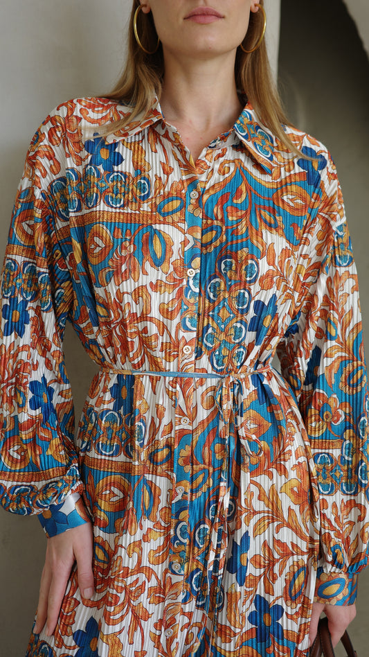 שמלת פליסה כפתורים אבלין | שמנת/כתום