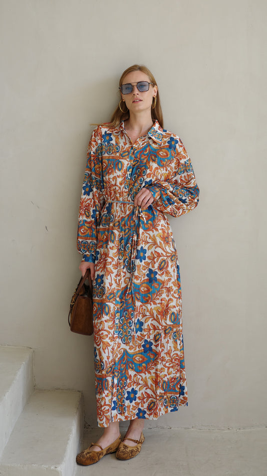 שמלת פליסה כפתורים אבלין | שמנת/כתום