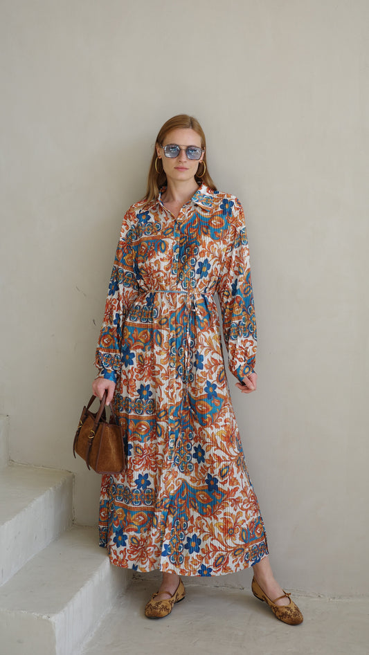 שמלת פליסה כפתורים אבלין | שמנת/כתום