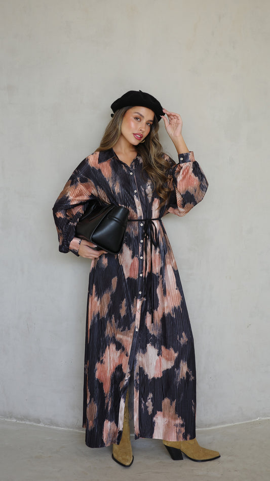 שמלת פליסה כפתורים אבלין | שחור