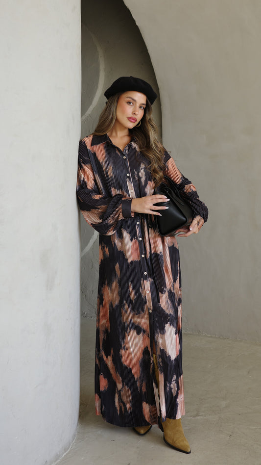 שמלת פליסה כפתורים אבלין | שחור