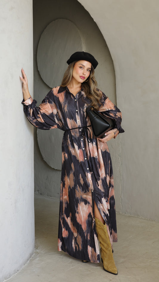 שמלת פליסה כפתורים אבלין | שחור