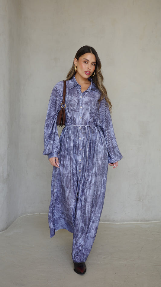 שמלת פליסה כפתורים אבלין | כחול